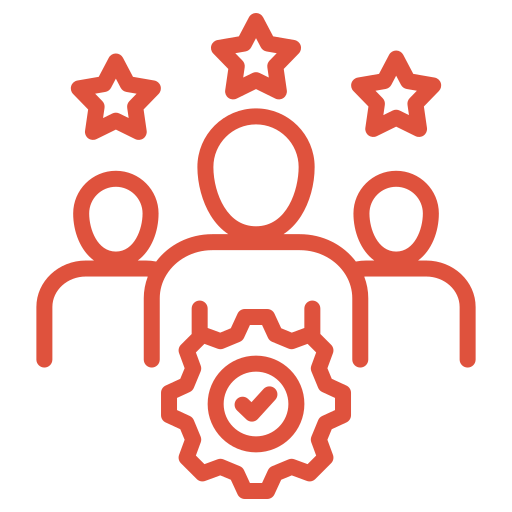 Icon von drei Menschen mit Sternen über den Köpfen, symbolisiert zufriedene Kunden, positive Bewertungen und hochwertige Dienstleistungen