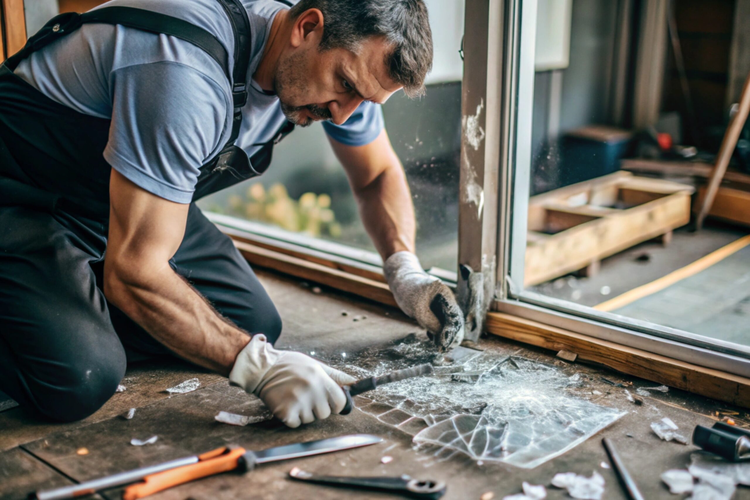 Zersprungene Glasscheibe liegt auf dem Boden, sichtbar Glassplitter, schnelle Reinigung und professioneller Austausch von beschädigtem Glas durch Glasnotdienst in Essen